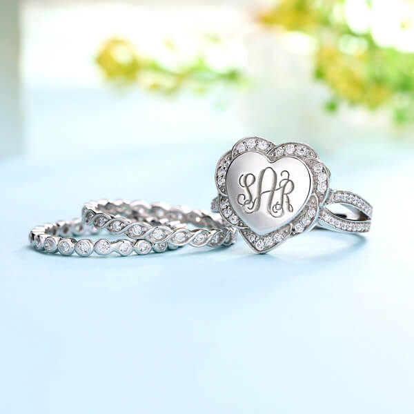 Engraved Heart Shape Stackable Monogram Ring Jewelry Treasures